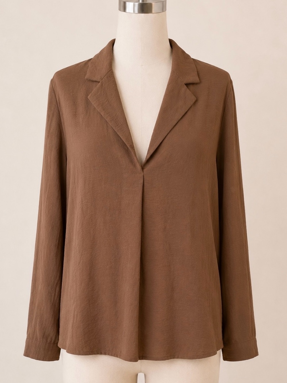 143 Story by Line Up 2X Brown Collared V Neck Blouse Ruched Sleeve Plus Size